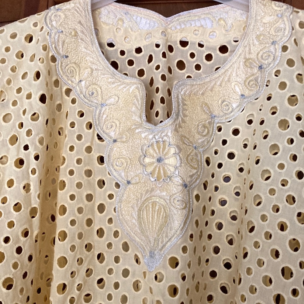 Beautiful yellow eyelet cotton coverup/tunic with embroidered trim